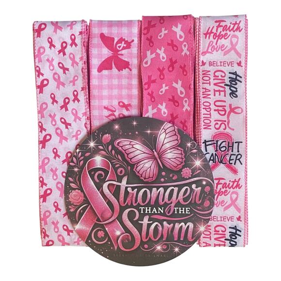 Breast Cancer Awareness Wreath Kit | Stronger Than the Storm Sign Ribbon Bundle - Picture 1 of 4